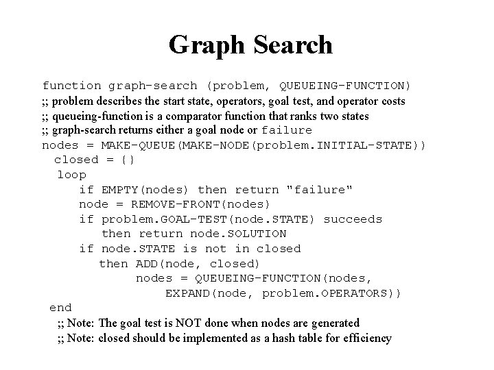 Graph Search function graph-search (problem, QUEUEING-FUNCTION) ; ; problem describes the start state, operators,