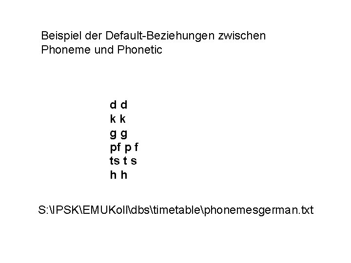 Beispiel der Default-Beziehungen zwischen Phoneme und Phonetic dd kk gg pf p f ts