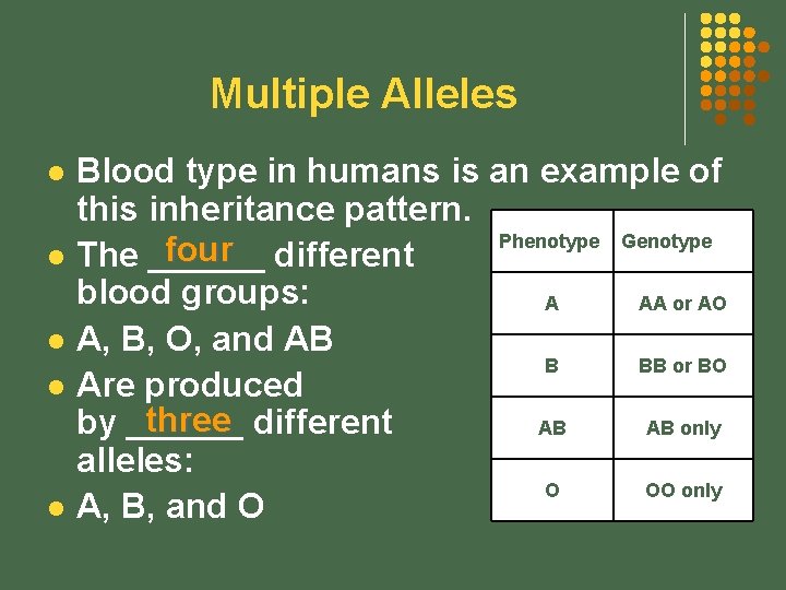 Multiple Alleles l l l Blood type in humans is an example of this