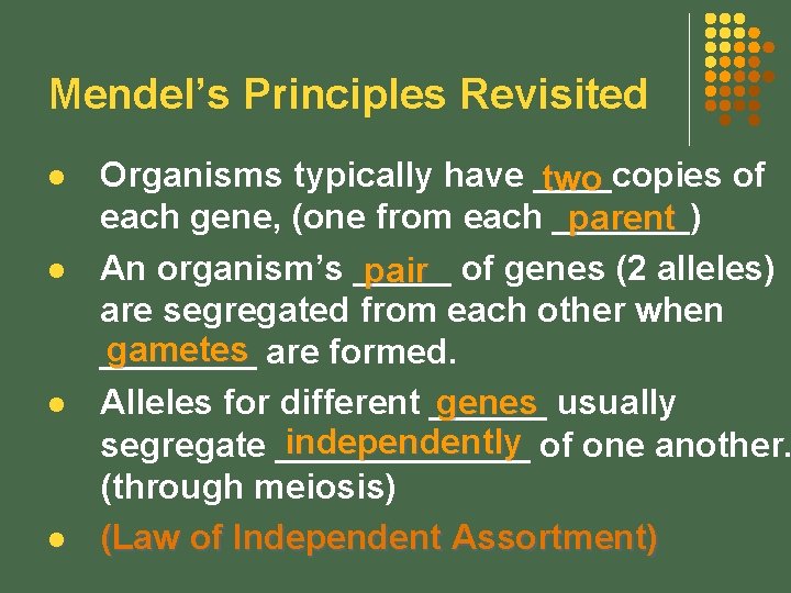 Mendel’s Principles Revisited l l Organisms typically have ____copies of two each gene, (one