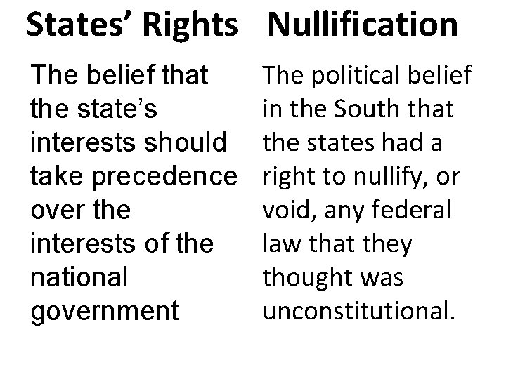 States’ Rights Nullification The belief that the state’s interests should take precedence over the