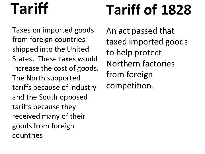 Tariff of 1828 Taxes on imported goods from foreign countries shipped into the United