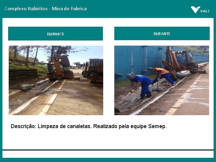 Complexo Itabiritos - Mina de Fabrica DURANTE Foto Descrição: Limpeza de canaletas. Realizado pela