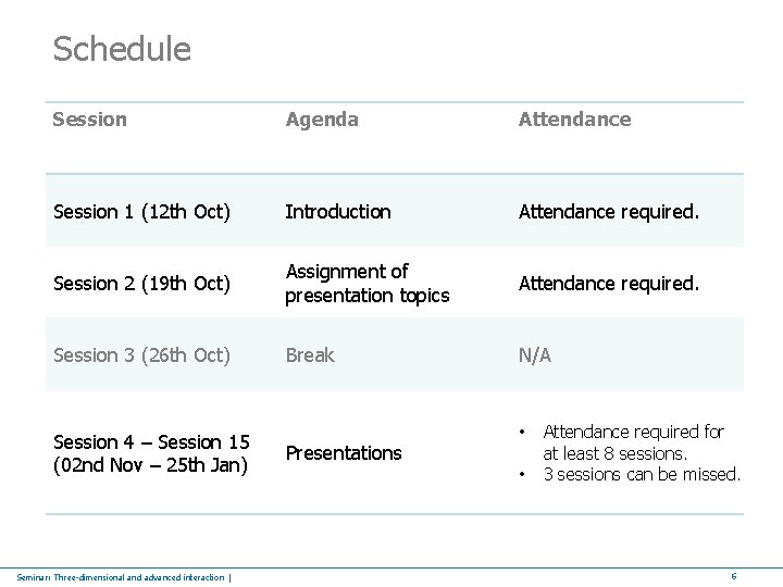 Schedule Session Agenda Attendance Session 1 (12 th Oct) Introduction Attendance required. Session 2