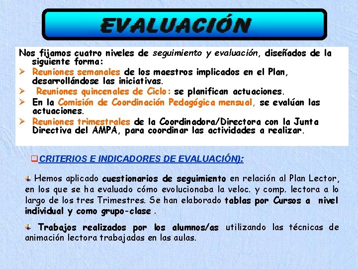 Nos fijamos cuatro niveles de seguimiento y evaluación, diseñados de la siguiente forma: Ø