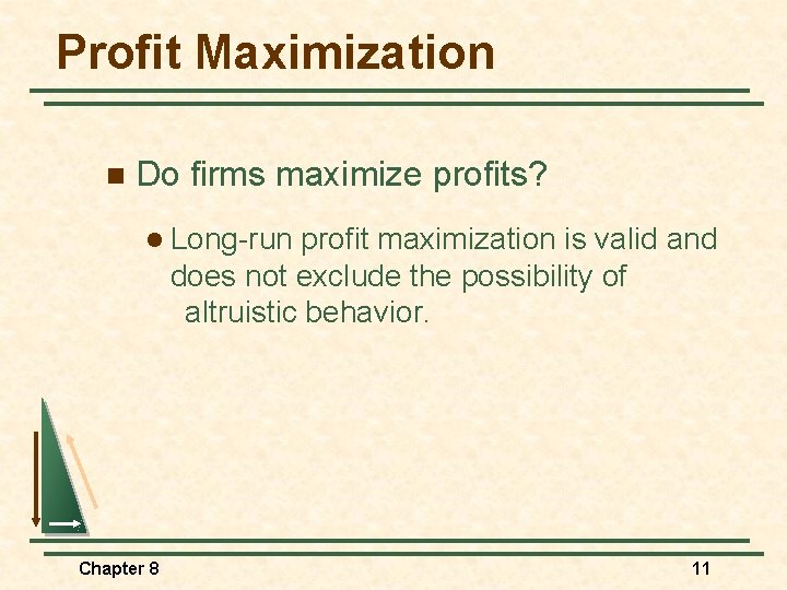 Profit Maximization n Do firms maximize profits? l Long-run profit maximization is valid and