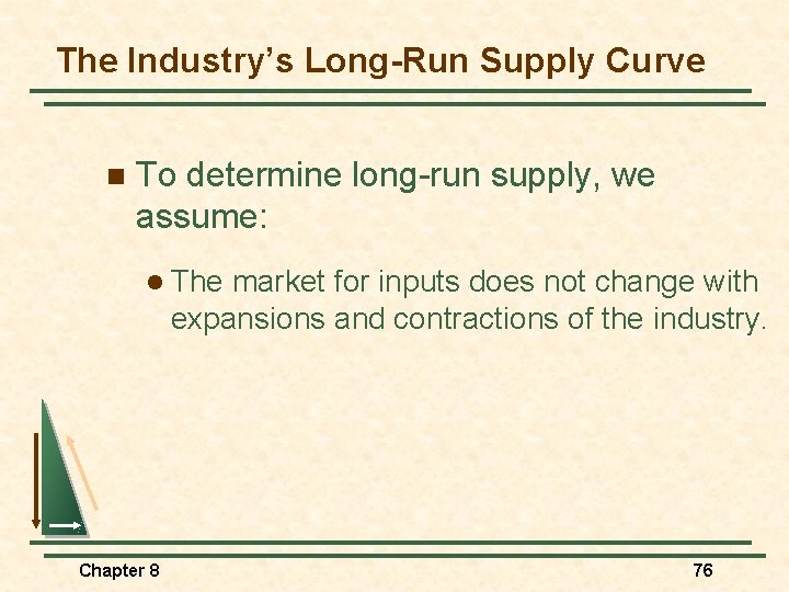 The Industry’s Long-Run Supply Curve n To determine long-run supply, we assume: l The