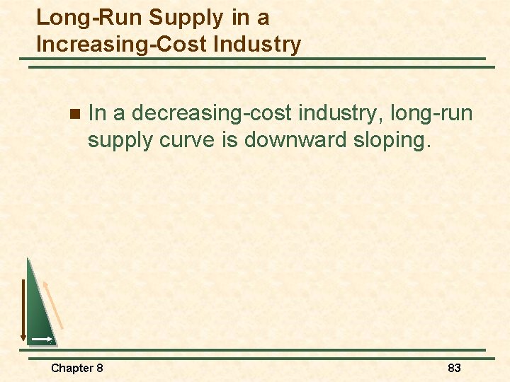 Long-Run Supply in a Increasing-Cost Industry n In a decreasing-cost industry, long-run supply curve