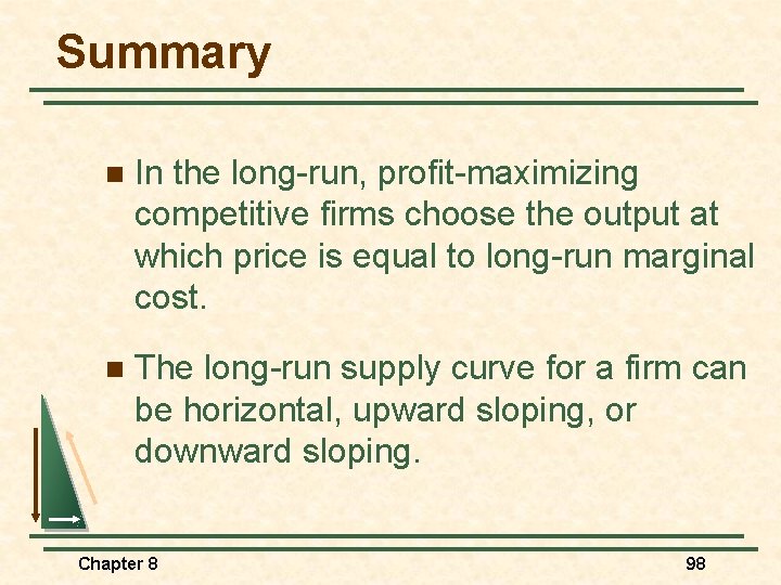 Summary n In the long-run, profit-maximizing competitive firms choose the output at which price