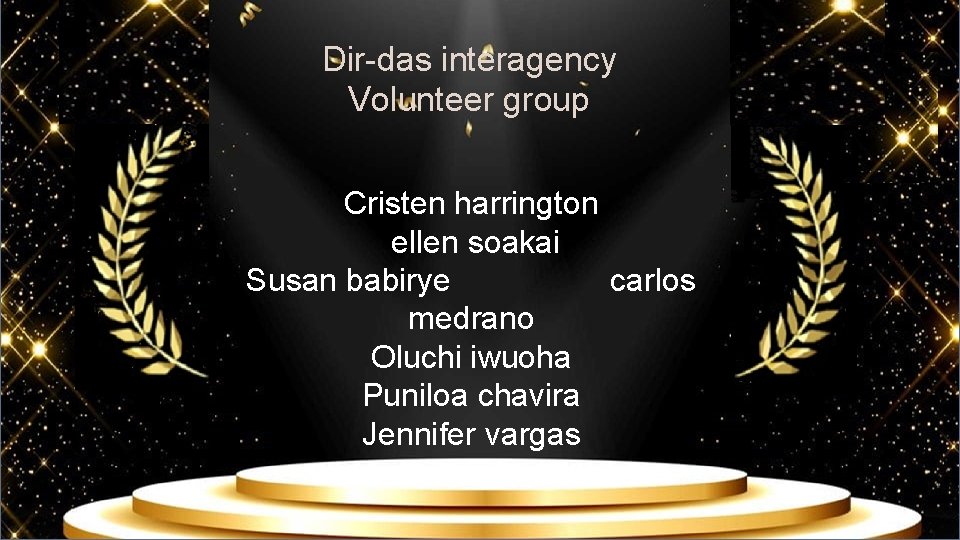 Dir-das interagency Volunteer group Cristen harrington ellen soakai Susan babirye carlos medrano Oluchi iwuoha Dir-das interagency Volunteer group Cristen harrington ellen soakai Susan babirye carlos medrano Oluchi iwuoha