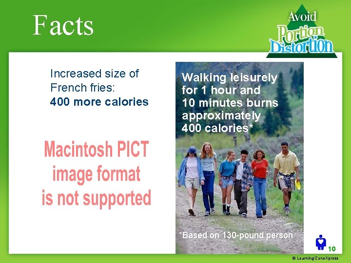Facts Increased size of French fries: 400 more calories Walking leisurely for 1 hour