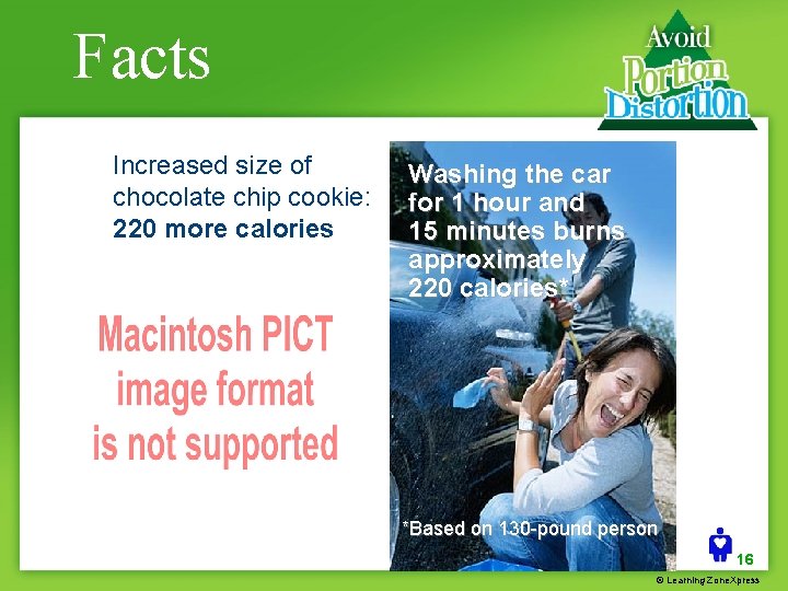 Facts Increased size of chocolate chip cookie: 220 more calories Washing the car for