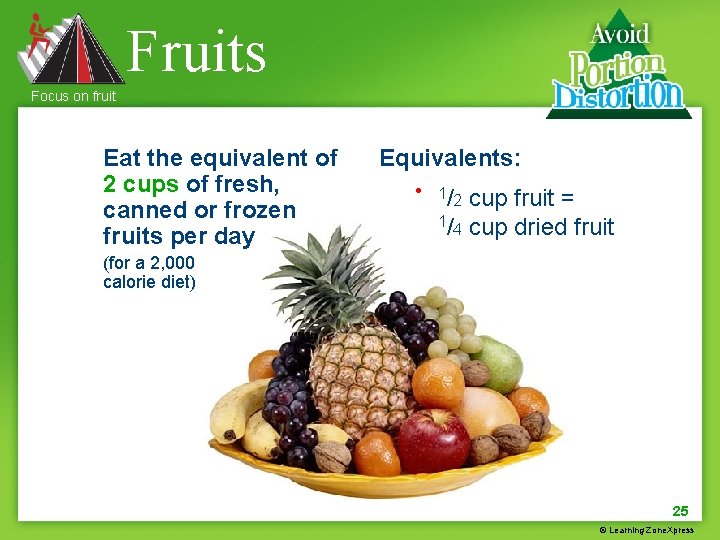 Fruits Focus on fruit Eat the equivalent of 2 cups of fresh, canned or