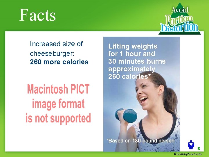 Facts Increased size of cheeseburger: 260 more calories Lifting weights for 1 hour and