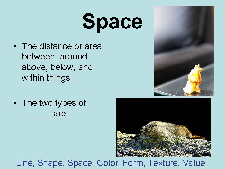 Space • The distance or area between, around above, below, and withings. • The