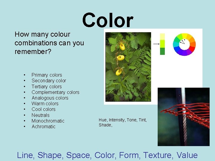 Color How many colour combinations can you remember? • • • Primary colors Secondary