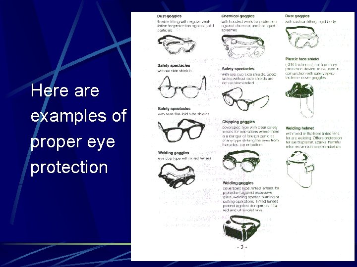 Here are examples of proper eye protection 