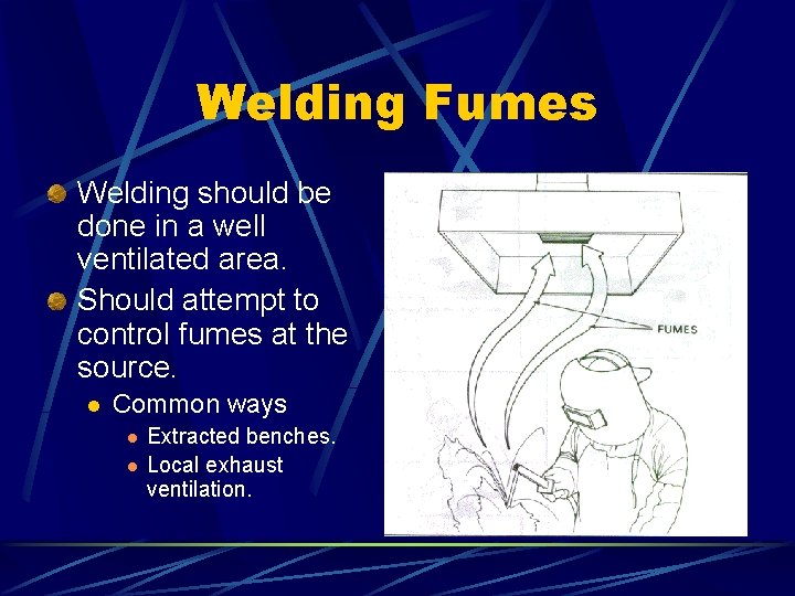 Welding Fumes Welding should be done in a well ventilated area. Should attempt to