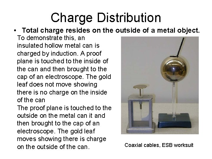 Charge Distribution • Total charge resides on the outside of a metal object. To