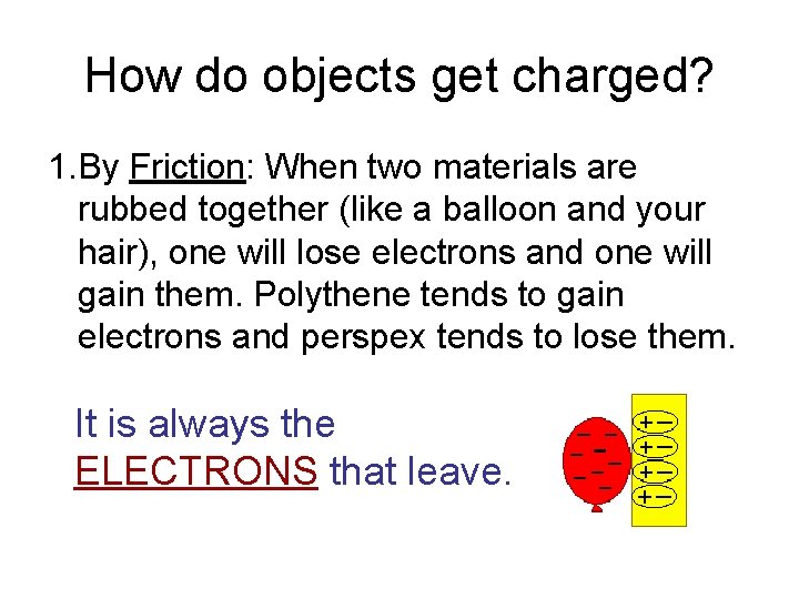 How do objects get charged? 1. By Friction: When two materials are rubbed together