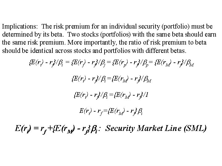 Implications: The risk premium for an individual security (portfolio) must be determined by its