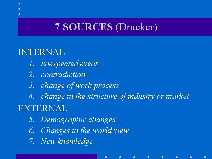 7 SOURCES (Drucker) INTERNAL 1. 2. 3. 4. unexpected event contradiction change of work