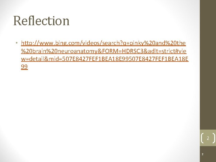 Reflection • http: //www. bing. com/videos/search? q=pinky%20 and%20 the %20 brain%20 neuroanatomy&FORM=HDRSC 3&adlt=strict#vie w=detail&mid=507