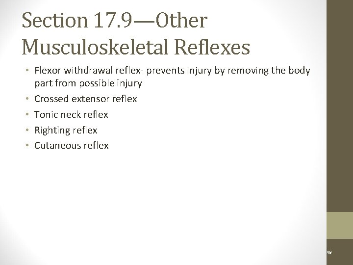 Section 17. 9—Other Musculoskeletal Reflexes • Flexor withdrawal reflex- prevents injury by removing the