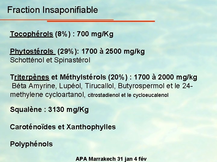 Fraction Insaponifiable Tocophérols (8%) : 700 mg/Kg Phytostérols (29%): 1700 à 2500 mg/kg Schotténol