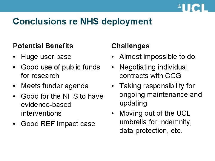 Conclusions re NHS deployment Potential Benefits Challenges • Huge user base • Good use Conclusions re NHS deployment Potential Benefits Challenges • Huge user base • Good use