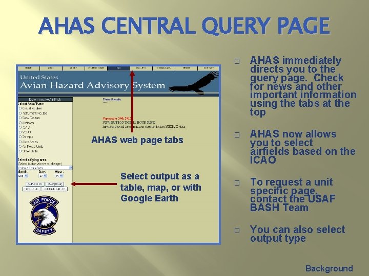 AHAS CENTRAL QUERY PAGE AHAS web page tabs Select output as a table, map,