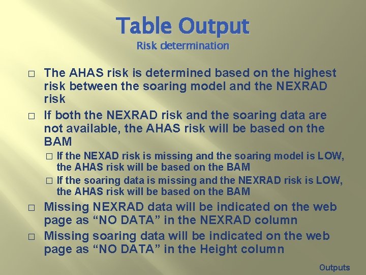 Table Output Risk determination � � The AHAS risk is determined based on the