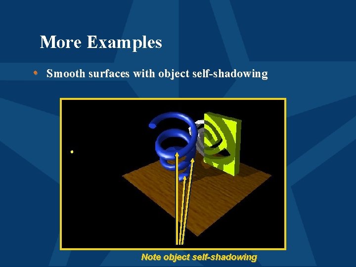 More Examples • Smooth surfaces with object self-shadowing Note object self-shadowing 