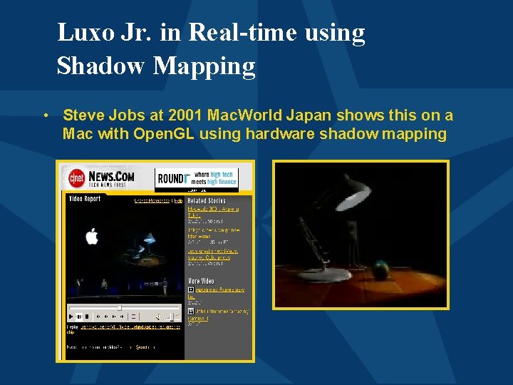 Luxo Jr. in Real-time using Shadow Mapping • Steve Jobs at 2001 Mac. World