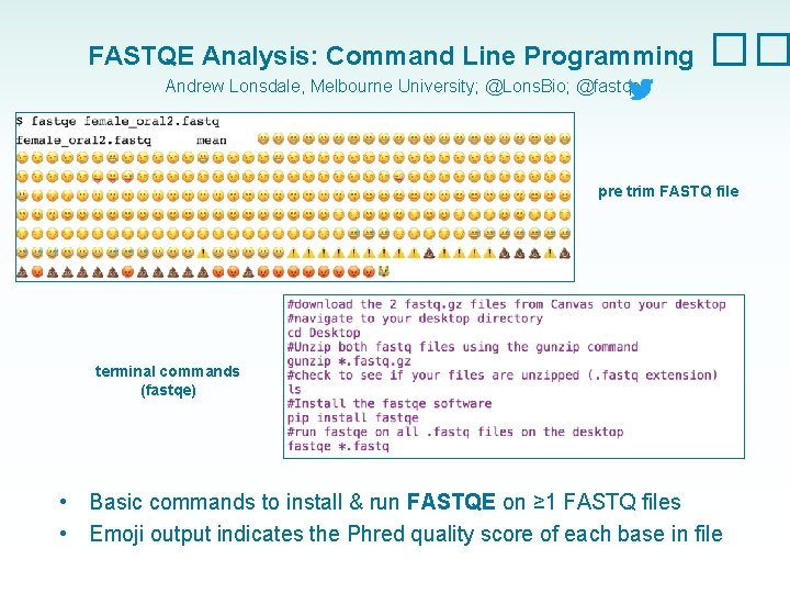 FASTQE Analysis: Command Line Programming �� Andrew Lonsdale, Melbourne University; @Lons. Bio; @fastqe pre