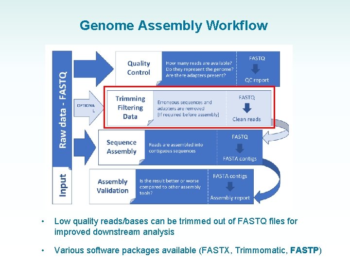 Genome Assembly Workflow • Low quality reads/bases can be trimmed out of FASTQ files