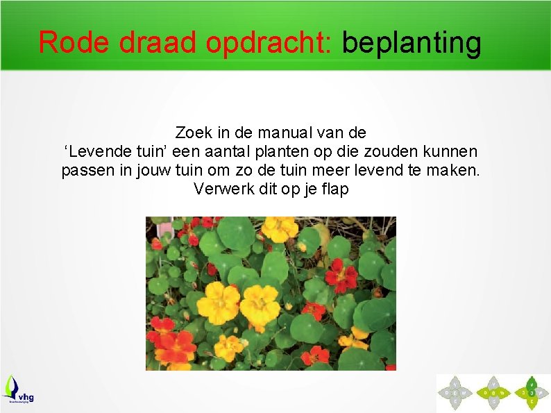 Rode draad opdracht: beplanting Zoek in de manual van de ‘Levende tuin’ een aantal