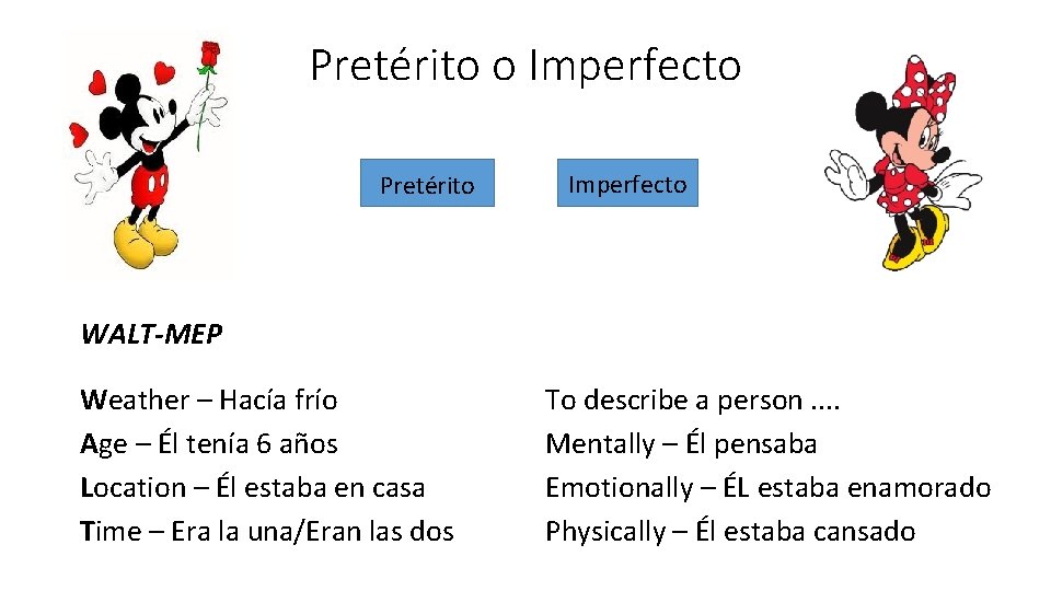 Pretérito o Imperfecto Pretérito Imperfecto WALT-MEP Weather – Hacía frío Age – Él tenía Pretérito o Imperfecto Pretérito Imperfecto WALT-MEP Weather – Hacía frío Age – Él tenía