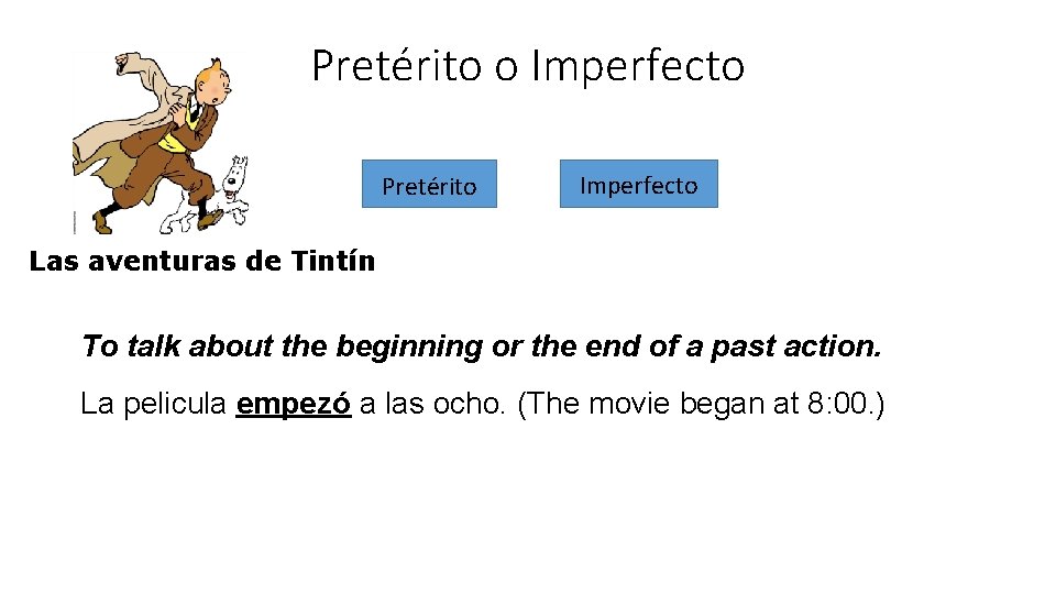 Pretérito o Imperfecto Pretérito Imperfecto Las aventuras de Tintín To talk about the beginning Pretérito o Imperfecto Pretérito Imperfecto Las aventuras de Tintín To talk about the beginning