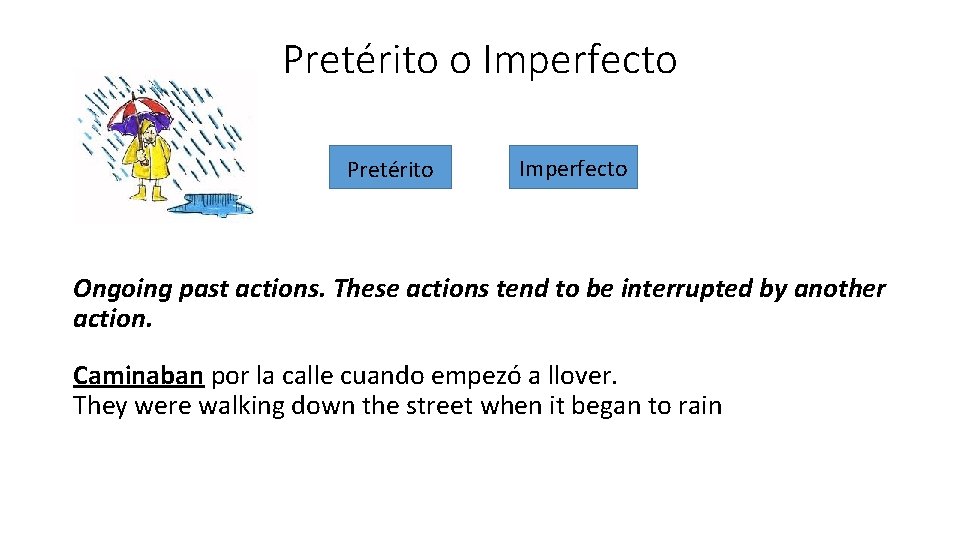 Pretérito o Imperfecto Pretérito Imperfecto Ongoing past actions. These actions tend to be interrupted Pretérito o Imperfecto Pretérito Imperfecto Ongoing past actions. These actions tend to be interrupted
