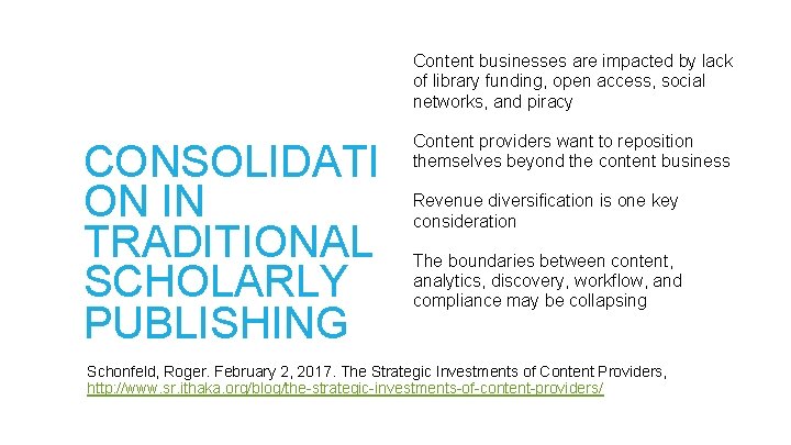 Content businesses are impacted by lack of library funding, open access, social networks, and