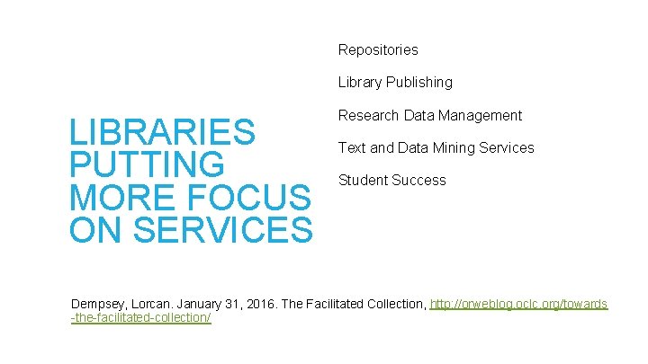 Repositories Library Publishing LIBRARIES PUTTING MORE FOCUS ON SERVICES Research Data Management Text and