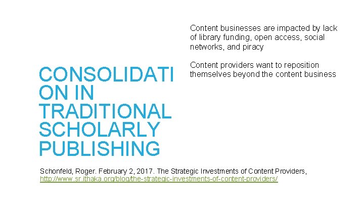 Content businesses are impacted by lack of library funding, open access, social networks, and