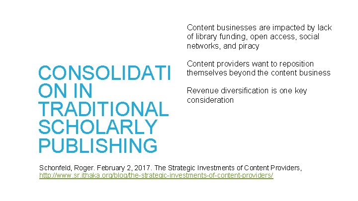 Content businesses are impacted by lack of library funding, open access, social networks, and