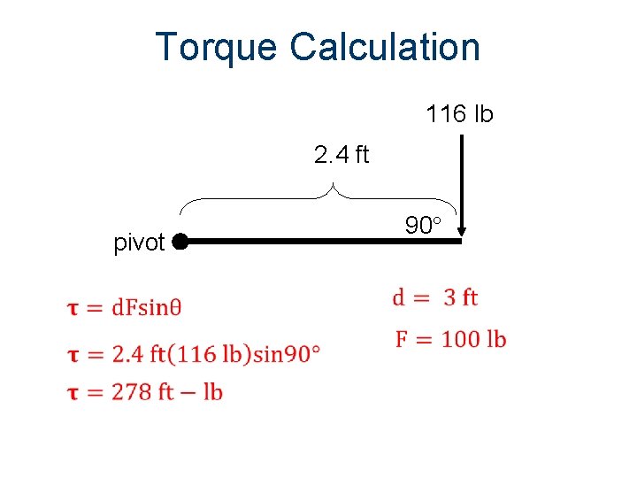 Torque Calculation 116 lb 2. 4 ft pivot 90 