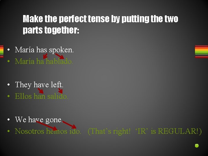 Make the perfect tense by putting the two parts together: • María has spoken.