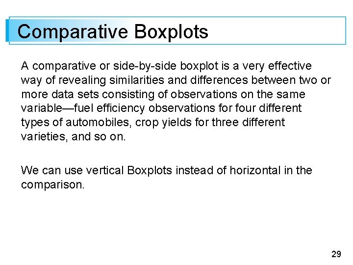 Comparative Boxplots A comparative or side-by-side boxplot is a very effective way of revealing