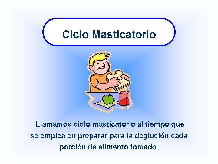 Ciclo Masticatorio Llamamos ciclo masticatorio al tiempo que se emplea en preparar para la