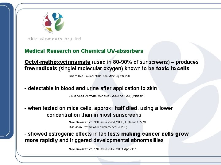 Medical Research on Chemical UV-absorbers Octyl-methoxycinnamate (used in 80 -90% of sunscreens) – produces