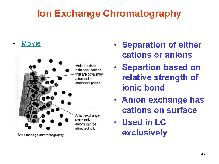 Ion Exchange Chromatography • Movie • Separation of either cations or anions • Separtion